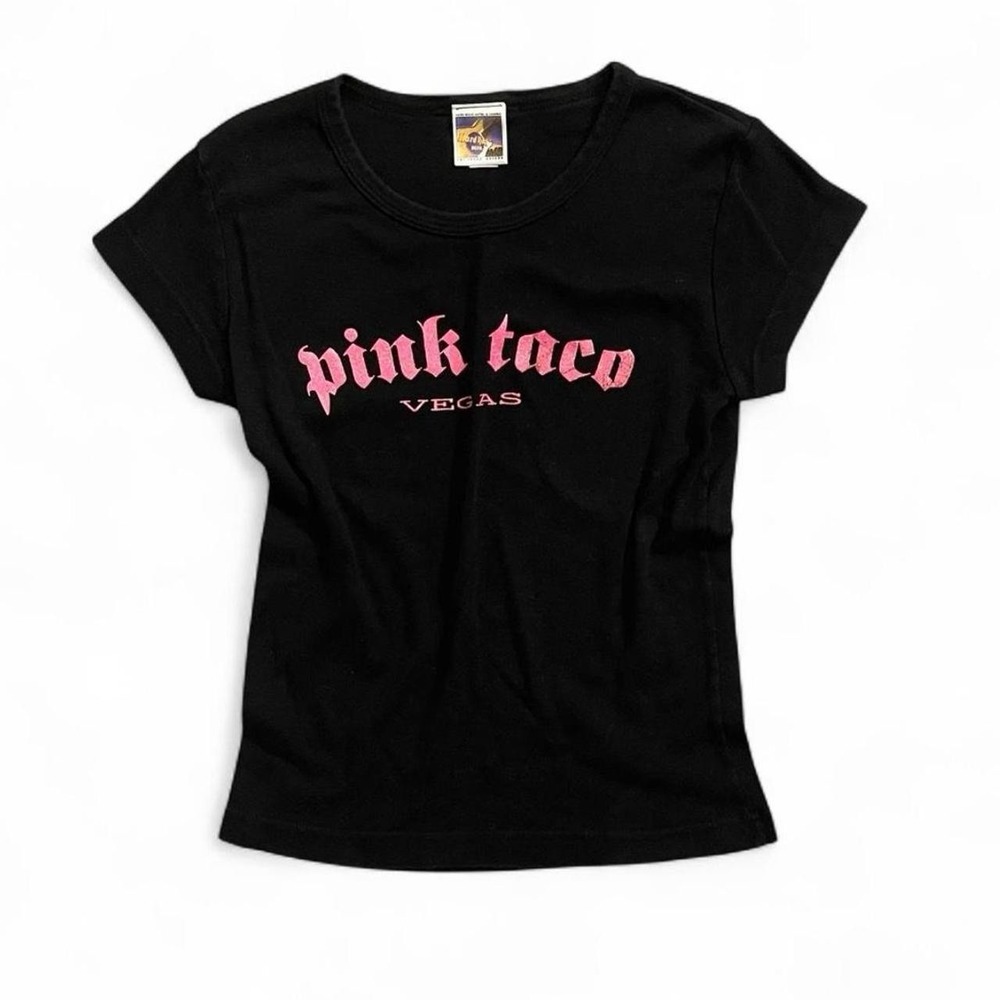 Hard Rock Hotel Pink Taco Vegas Women M/OS Black Good Y2K Baby Tee Glitter